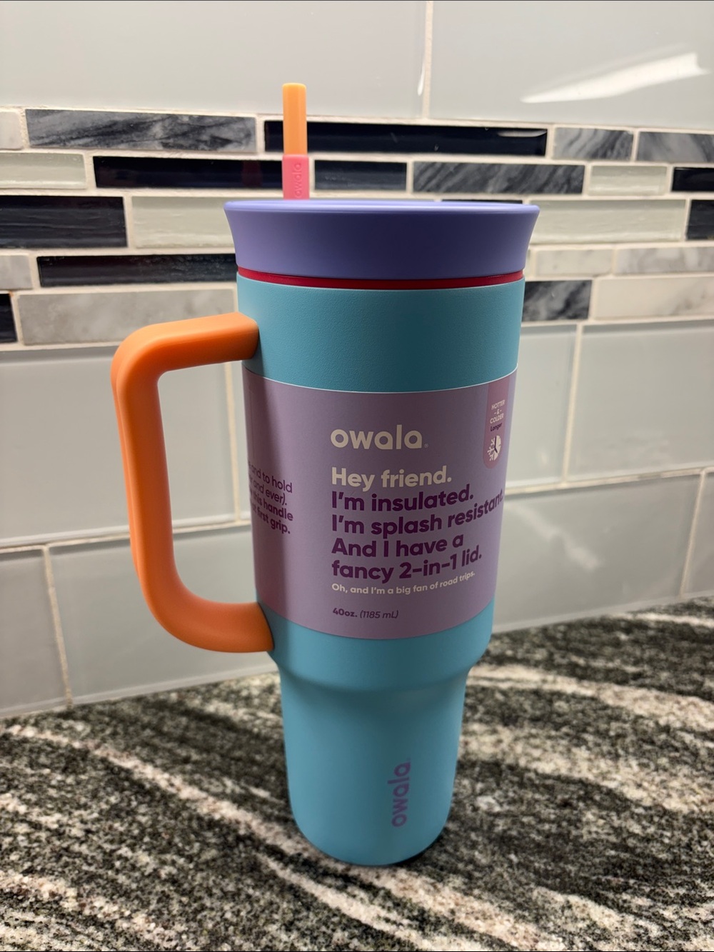 Brand New Owala 40oz Insulated Travel Bottle with Handle & Straw Lavender & Aqua